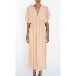 Zara pleated midi dress pastel pink peach bohemian XS coastal summer hippy